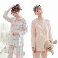 绵孕儿 春夏季新款双层纱布碎花、格子款 月子服长袖产后纯棉孕妇睡衣套装喂奶哺乳衣