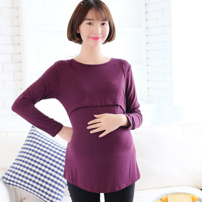 绵孕儿 2016孕妇装批发孕妇t恤 莫代尔纯色长袖哺乳上衣外出打底衫