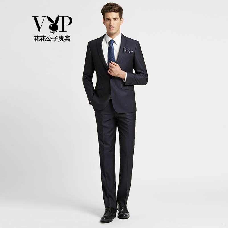 花花公子贵宾【赠领带】西服套装男士修身休闲深蓝色西装新郎结婚礼服商务职业正装套装男