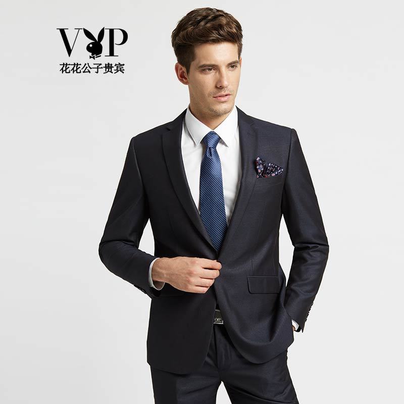花花公子贵宾【赠领带】西服套装男士修身休闲深蓝色西装新郎结婚礼服商务职业正装套装男