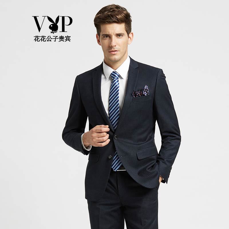花花公子贵宾【赠领带】西服套装男士修身休闲经典灰色条纹西装商务职业正装套装男