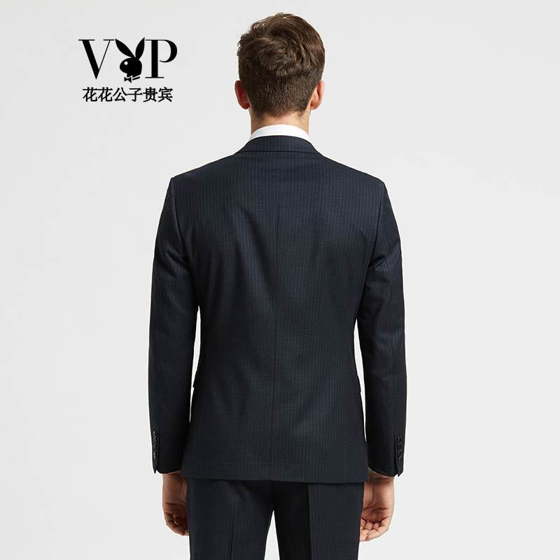 花花公子贵宾【赠领带】西服套装男士修身休闲经典灰色条纹西装商务职业正装套装男