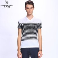 cardanro/卡丹路新品款男士T恤拼色百搭条纹短袖V领T恤休闲时尚简约男装