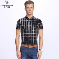 cardanro/卡丹路新品款男士T恤百搭格子短袖开衫反领T恤休闲时尚简约男装