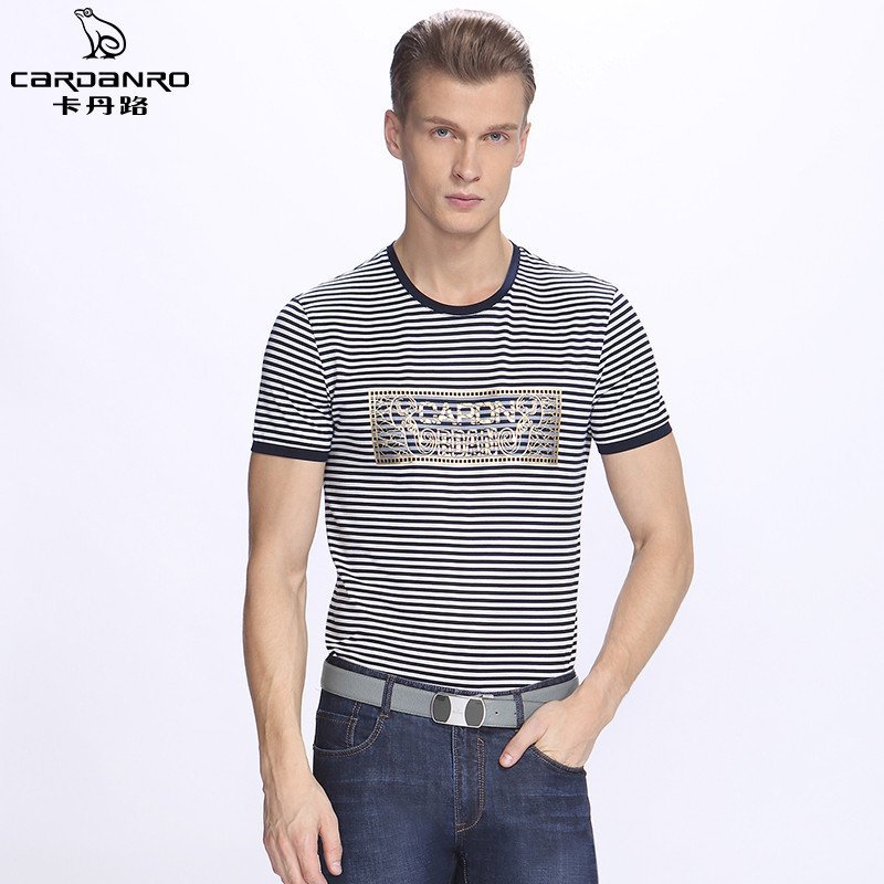 cardanro卡丹路新品款男士t恤拼色条纹百搭字母短袖圆领纯棉t恤休闲