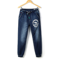 香港骆驼男装2017春季新款印花松紧带小脚裤韩版青年时尚弹力修身牛仔裤MJ8721