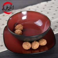 王大厨陶瓷碗盘两件套 厨房家用餐具可微波炉黑红碗盘套装CC-T-10002