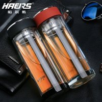 哈尔斯 350ml双层水晶底玻璃杯便携水杯 耐热办公泡茶杯子茶杯350ml过滤加厚