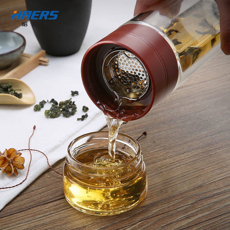 哈尔斯（HAERS） 双层创意 300ml功夫玻璃茶杯 商务男士办公泡茶水杯图片