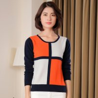 尚奴娇 201515秋冬新款韩版撞色拼色方格套头圆领羊绒衫女100%纯山羊绒衫毛衣