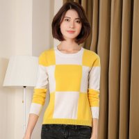 尚奴娇 2015秋冬新款韩版拼色撞色清新圆领羊绒衫女100%纯山羊绒衫针织毛衣