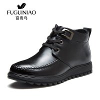 富贵鸟新款男鞋时尚商务休闲鞋高帮系带男士短靴潮流真皮加绒棉靴d405384r