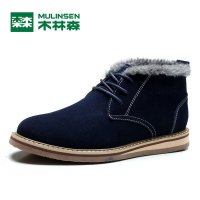 木林森反绒皮加绒短靴简约时尚潮鞋英伦高帮短靴圆头系带男靴230543