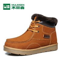 木林森新款高帮反绒皮短靴加绒保暖棉靴简约舒适雪地靴男240187