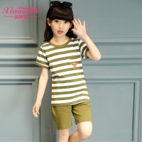 2016女童短袖套装儿童夏装条纹中大童韩版短袖T恤+短裤两件套