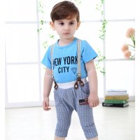 童装厂家直销韩版男童短袖童套装背带字母莫代尔两件套
