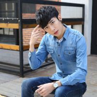 吉普战车2021年秋冬新款款牛仔衬衫男长袖男士休闲修身衬衣韩版青年上衣服外套潮流款 b