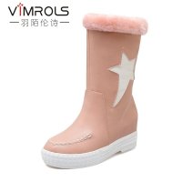 羽陌论诗 甜美翻毛拼接中筒女靴学院风五角星圆头平跟内增高雪地靴 p147