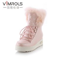 羽陌论诗 学院风系带甜美翻毛拼接时尚格子短筒女靴平跟内增高保暖短靴 p151