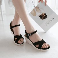 羽陌伦诗坡跟凉鞋女露趾防水台中高跟鞋女式皮鞋女鞋子女学生H062