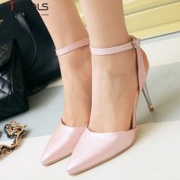 羽陌伦诗夏季包头凉鞋女尖头细跟超高跟鞋女士皮鞋纯色亮片一字式扣带女鞋H082