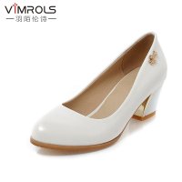 羽陌伦诗春夏浅口单鞋女士皮鞋纯色百搭粗跟中跟鞋方跟圆头套脚懒人鞋女鞋H083