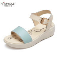 羽陌伦诗夏真皮凉鞋女露趾厚底坡跟松糕跟韩版学生鞋平底中跟鞋防水台拼色绣花女式皮鞋一字式扣带H113