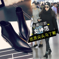 韩版单靴女短靴女靴平底中跟马丁靴新款粗跟松紧带尖头女鞋子h046