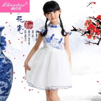 童装夏季女童短袖连衣裙儿童民族风公主裙青花瓷旗袍式礼服裙