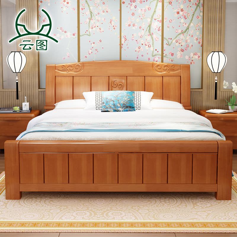 云图家具 实木床 1.8米双人床储物高箱床 中式床 实木婚床图片