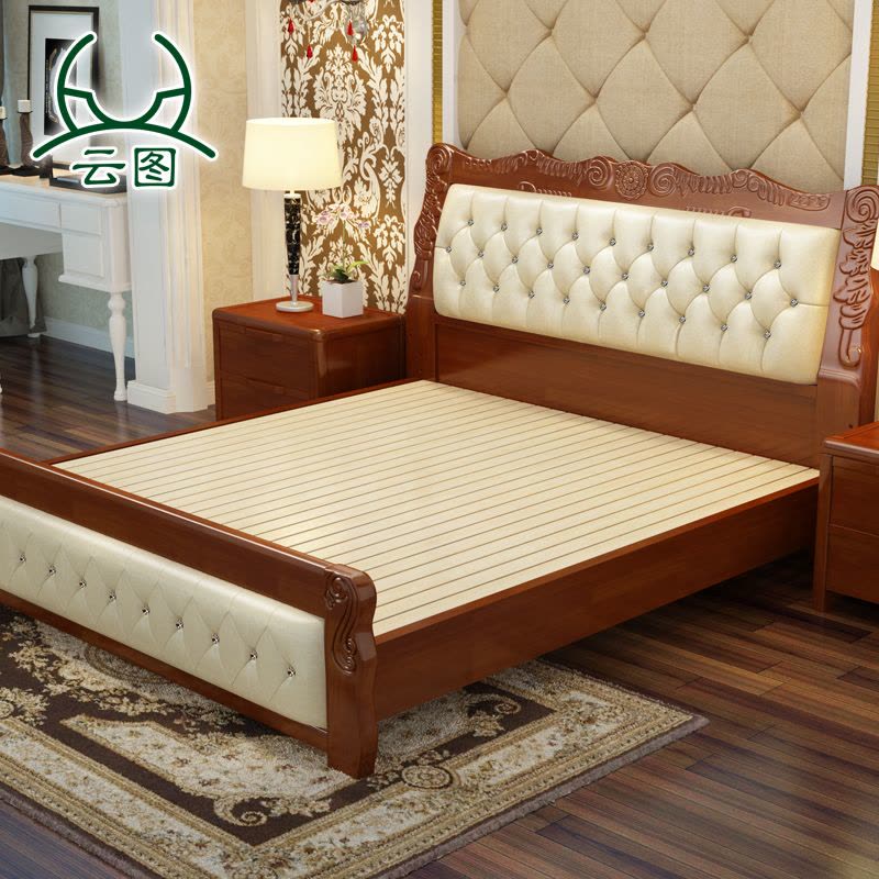 云图家具 欧式床厚实橡胶木床 实木床双人现代1.8米高箱床欧式图片