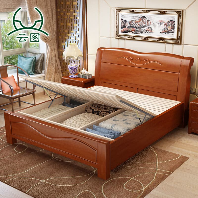 云图家具 实木床 1.8米双人床储物高箱床 中式床 实木婚床XXMC05图片