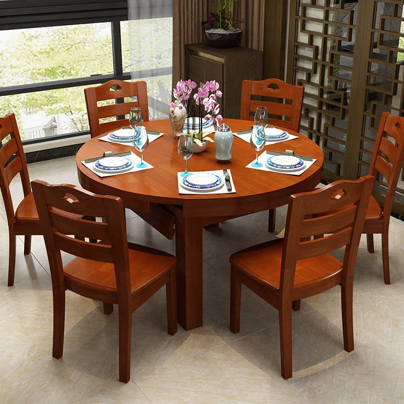 云图家具 餐桌 实木伸缩餐桌 折叠餐桌 简约现代餐桌椅组合圆形饭桌餐厅家具图片