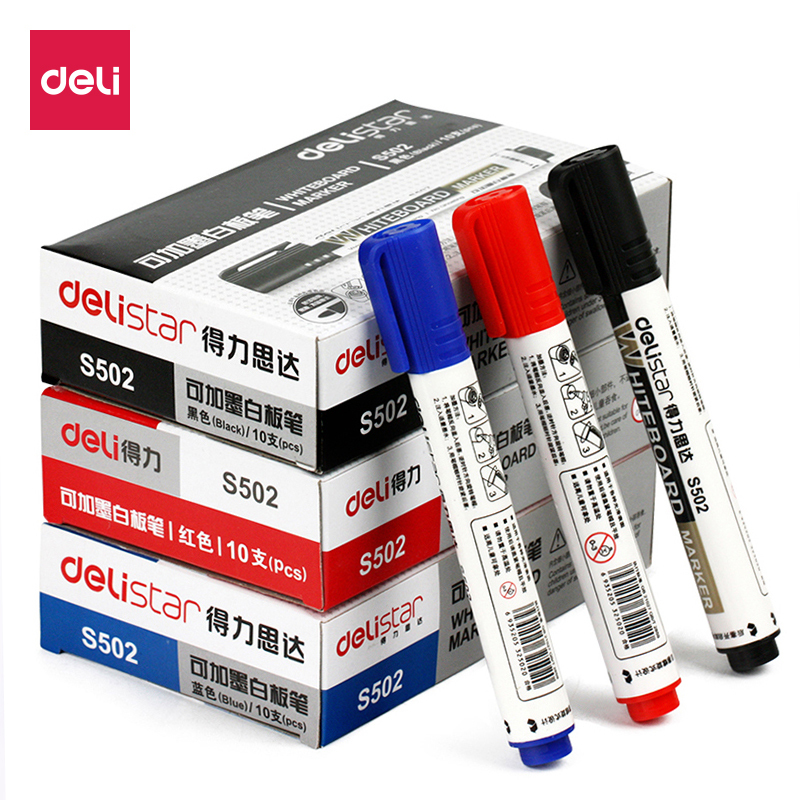 得力deli白板笔S502可擦可加墨水黑/红/蓝多色液体粉笔会议办公易擦2mm10支装墨水S630