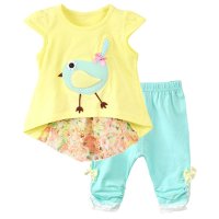 【童宝童贝】女童竹纤维短袖短裤套装 雪纺拼接短袖套装 蝴蝶结五分裤套装