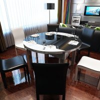 简约现代实木餐桌 伸缩饭桌钢化玻璃圆桌