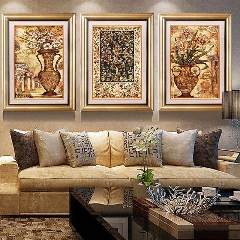 柠檬树 现代美式欧式沙发背景有框画墙画壁画挂画三联客厅装饰画