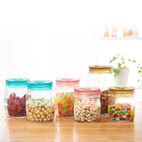 龙士达大号圆形玻璃密封罐 装干果罐子彩色透明厨房储存罐组合(两小一大)