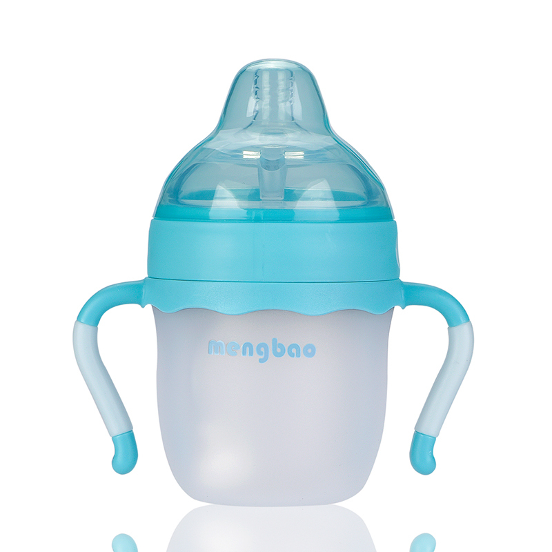 盟宝婴儿宝宝硅胶奶瓶 新生儿宽口径带吸管手柄全软防胀气喝水奶瓶160ml兰色
