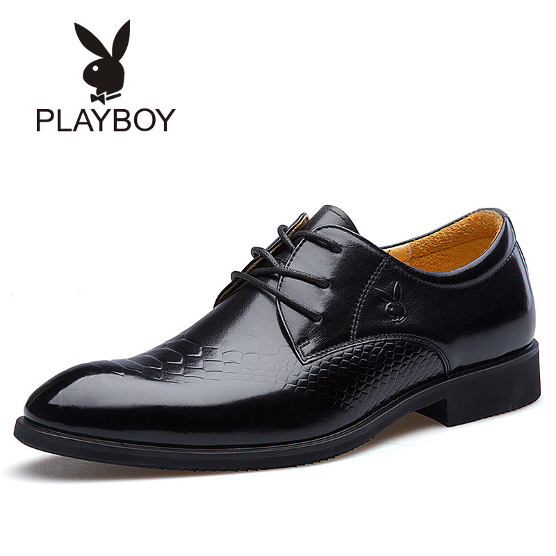 花花公子(PLAYBOY)男士时尚商务真皮单鞋日常舒适鳄鱼纹系带经典皮鞋