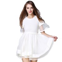 春夏款女装 白色公主裙短袖纱网袖 修身显瘦气质优雅舒适连衣裙