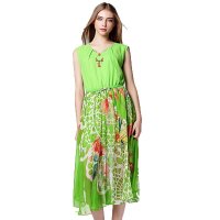 春夏款女装无袖修身时尚田园风印花连衣裙品牌真丝长裙