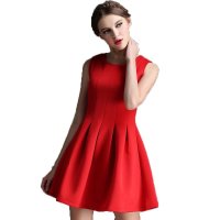 夏装女修身无袖百褶大摆修身圆领打底连衣裙 无袖背心裙子