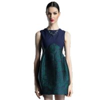 夏装女无袖修身显瘦气质优雅女装圆领中腰灯笼裙印花无袖连衣裙