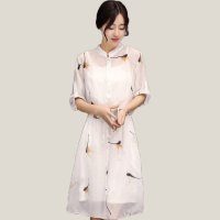 夏装时尚韩版雪纺立领松紧腰七分袖印花雪纺 连衣裙中长款