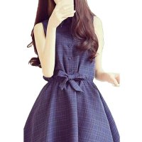 夏季时尚日系小清新学院风翻领无袖格纹连衣裙松紧腰短裙