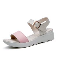 夏季休闲时尚百搭真皮坡跟厚底中跟凉鞋女欧美露趾防水台软底女鞋