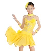 户外运动儿童拉丁舞表演服女童网纱亮钻黑色黄色拉丁舞演出裙