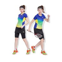 户外运动羽毛球服套装女款 修身显瘦短袖7分裙短裤套装秋女 紫黄款配7分裙