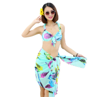 欧伦萨 户外运动比基尼三件套泳装 分体平角小胸聚拢纱巾女士沙滩游泳衣